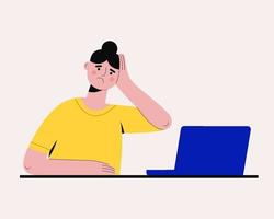 moe trieste vrouw die op laptop werkt. stress door computerproblemen, professionele burn-out, overwerk op kantoor of freelance, slecht online nieuws vector