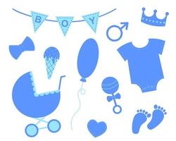 baby douche setje. elementen voor wenskaarten en uitnodigingen. blauwe gors met tekst jongen, kroon, bodysuit, slabbetje, voetafdruk, kinderwagen, rammelaar, boog, ballon, ijsje, hart vector