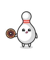 illustratie van een bowlingpin-personage die een donut eet vector