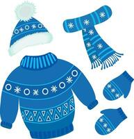 vector illustratie van een gebreid hoed, sjaal en wanten met een decoratief patroon Aan hen, geïsoleerd in de achtergrond. traditioneel Kerstmis kleren voor de hoofd, armen en nek