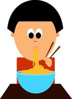 tekenfilm afbeelding van een slim weinig jongen genieten van spaghetti, vector of kleur illustratie