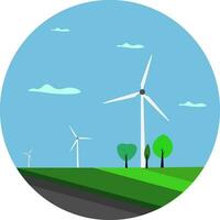 portret van een landschap met weinig groen bomen en wind turbines en blauw lucht met weinig wolken voltooit de achtergrond, vector of kleur illustratie