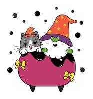 schattige zwarte kat en heks gnome in vergif brouwpot ketel, halloween cartoon hand getekende platte vector schets