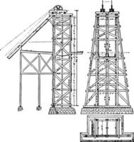 mijnbouw hoofddeksel hijsen toren schachtkop kader wijnoogst gravure. vector