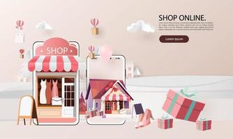 papieren kunst online winkelen op smartphone en nieuwe koop verkoop promotie roze achtergrondgeluid voor banner markt e-commerce vrouwen concept. vector