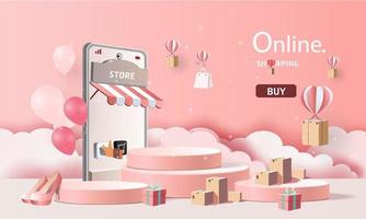 online winkelen op telefoon met podium papier kunst moderne roze achtergrond geschenken vak illustratie vector. vector