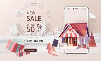 papieren kunst online winkelen op smartphone en nieuwe koop verkoop promotie roze achtergrondgeluid voor banner markt e-commerce vrouwen concept. vector