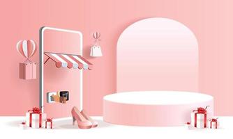 online winkelen op telefoon met podium papier kunst moderne roze achtergrond geschenken vak illustratie vector. vector