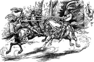 twee ridders steekspel met lansen, wijnoogst illustratie vector