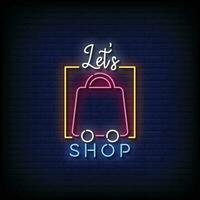 neon teken laten we winkel met steen muur achtergrond vector