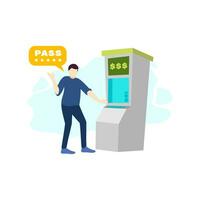 Mens is gebruik makend van een contant geld geld machine en invoeren een wachtwoord mensen karakter vlak ontwerp vector illustratie
