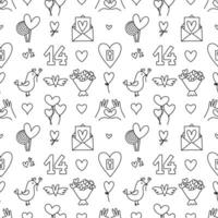 valentijnsdag dag tekening stijl naadloos patroon in zwart en wit, hand getekend liefde thema pictogrammen achtergrond. romantisch stemming, schattig symbolen en elementen verzameling. vector