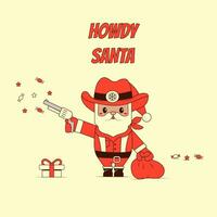 howdy de kerstman claus cowboy vector illustratie in retro groef stijl. sheriff in de wild west Kerstmis groet kaart.