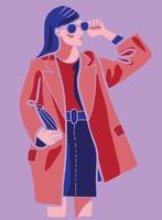 zakenvrouw met een rood jasje en een zonnebril, met een documentenkoffer. platte minimalistische vectorillustratie vector