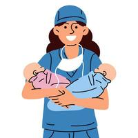 een verloskundige of een dokter met pasgeborenen. een vrouw verpleegster, dokter of verloskundige glimlacht in een blauw uniform, staand Holding ander geslacht pasgeboren baby's in haar armen in een moederschap ziekenhuis vector illustratie
