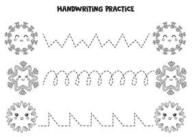 traceren lijnen voor kinderen. tekenfilm zwart en wit sneeuwvlokken. schrijven oefening. vector