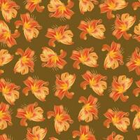 naadloos patroon met bloemknoppen van oranje lelie bloemen Aan een mosterd kleur achtergrond vector