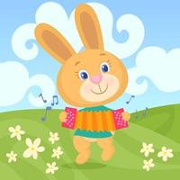 geel pluizig konijn, accordeon spelend, springend over het veld vol bloemen vector