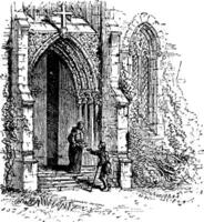 klooster poort, klooster, wijnoogst gravure. vector