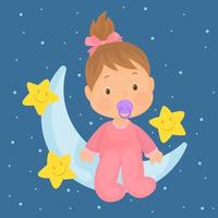 babymeisje met strik in haar, fopspeen en roze romper, zittend op de maan met sterrenhemel erachter vector