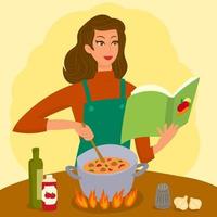 vrouw in de keuken die een recept kookt vector