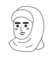 glimlachen Kaukasisch vrouw vervelend hijab zwart en wit 2d vector avatar illustratie. Islamitisch gesluierd vrouw schets tekenfilm karakter gezicht geïsoleerd. hoofddoek meisje vlak gebruiker profiel afbeelding, portret