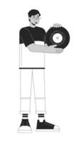 glimlachen Arabisch Mens Holding vinyl Vermelding zwart en wit 2d lijn tekenfilm karakter. millennial vent genieten van retro muziek- geïsoleerd vector schets persoon. nostalgie monochromatisch vlak plek illustratie