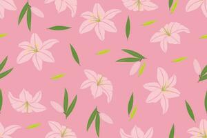 illustratie van roze lelie bloem met bladeren Aan roze achtergrond. vector