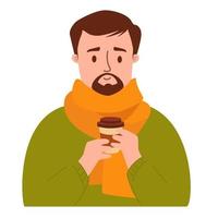 portret van een man met snor en baard in een trui en sjaal met koffie vector