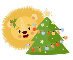 snuit leeuw met kerstboom. vector illustratie