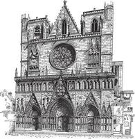 Lyon kathedraal in Lyon, Frankrijk, wijnoogst gravure vector