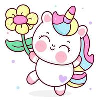 schattig eenhoorn cartoon kawaii vector dier bedrijf bloem hoorn paard sprookjesachtige illustratie