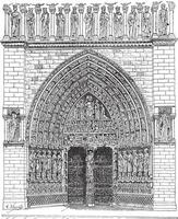 de voorkant poort in de midden- van notre lady kathedraal wijnoogst gravure vector