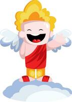 schattig vector illustratie van glimlachen Cupido gekleed in rood staand Aan een wolk en golvend wit achtergrond.