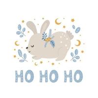 vrolijk kerstfeest en nieuwjaar schattig dier konijn in scandinavische stijl met belettering - ho ho ho. cartoon animal.cute print vector