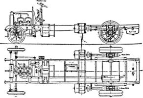 Hallford stevens benzine elektrisch voertuig chassis met twee terug motoren, wijnoogst illustratie. vector