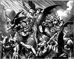 Lucifer vallen van hemel - Michael en andere engelen strijd tegen de overwonnen engelen wijnoogst illustratie. vector
