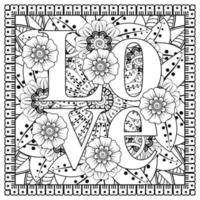 hou van woorden met mehndi-bloemen voor het kleuren van het doodle-ornament van de boekpagina vector