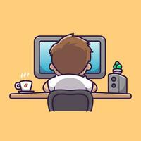 schattig Mens werken Aan computer met koffie tekenfilm vector icoon illustratie. mensen technologie icoon concept geïsoleerd premie vector. vlak tekenfilm stijl