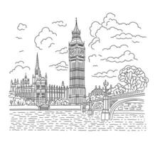Londen straat en groot ben. hand- getrokken vector illustratie in lineair stijl