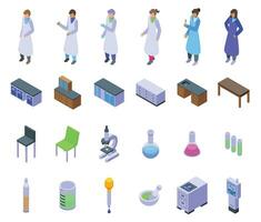 leerling Universiteit laboratorium pictogrammen reeks isometrische vector. glas buis vector