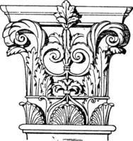 Corinthian pilaster hoofdstad of slankste, wijnoogst gravure. vector