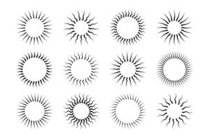 wijnoogst zonnestraal verzameling, golvend zon stralen, logo buitenste grens, radiaal zonsondergang balken vector