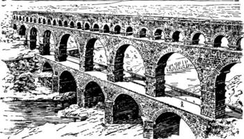 een Romeins aquaduct oude nemausus wijnoogst gravure. vector