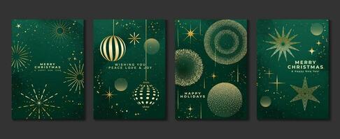 luxe Kerstmis uitnodiging kaart kunst deco ontwerp vector. Kerstmis snuisterij bal, vuurwerk, sneeuwvlok, waterverf structuur Aan groen achtergrond. ontwerp illustratie voor omslag, afdrukken, poster, behang. vector