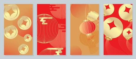 gelukkig Chinese nieuw jaar Hoes achtergrond vector. jaar van de draak ontwerp met gouden Chinese lantaarn 3d en munt 3d. elegant oosters illustratie voor omslag, banier, website, kalender. vector