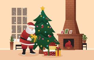 Sinterklaas laat een cadeautje achter onder de kerstboom