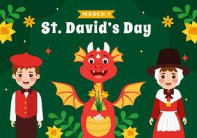 gelukkig st david's dag vector illustratie Aan maart 1 met kinderen, welsh draken en geel narcissen in viering vakantie tekenfilm achtergrond ontwerp