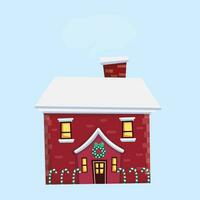 een tekenfilm huis met een de kerstman hoed Aan bovenaan, helder decoratief winter huis in sneeuw. vrolijk feestelijk decoraties voor nieuw jaar en Kerstmis vector