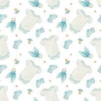 bodysuit, blauw slofjes, fopspeen en bijtring. schattig baby waterverf patroon met kleren en accessoires voor pasgeboren jongen. achtergrond voor kinderen mooi zo en winkel, kaarten, baby douche, kinderen kamer en speelgoed- vector